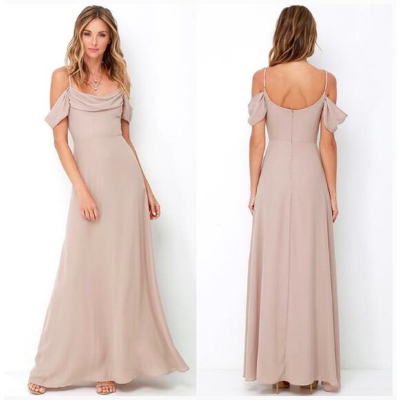 Lulus Reflective Radiance Taupe Maxi Dress Sz S Bridesmaid Prom Formal Chiffon - Picture 1 of 14
